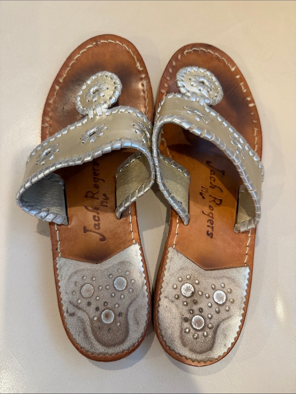 Jack Rogers Silver Leather Whipstitched Slide Sandals